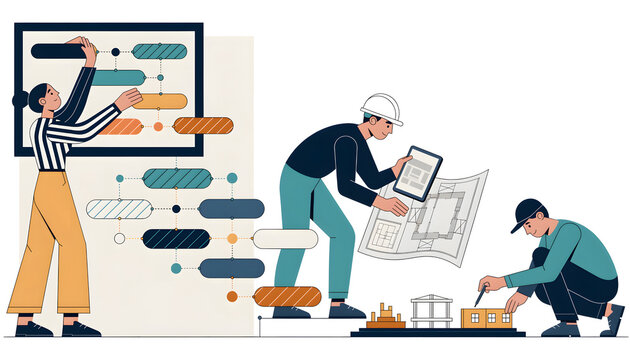 Team of Professionals Working on Architectural Project Planning and Construction Development Illustration