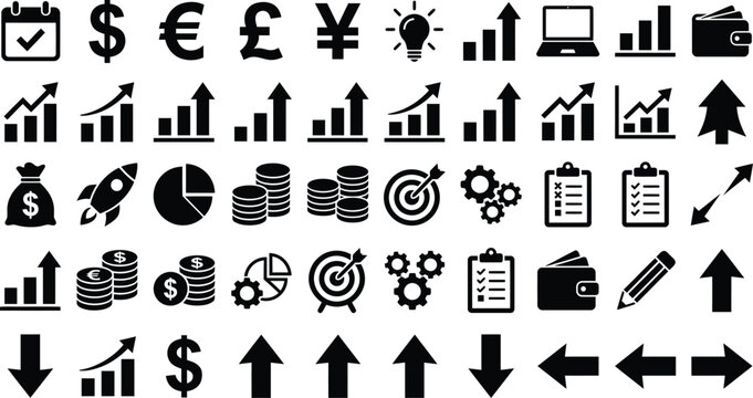 Business and finance icon set, 50 black vector symbols for banking and growth. Financial data charts and currency icons for corporate infographics.