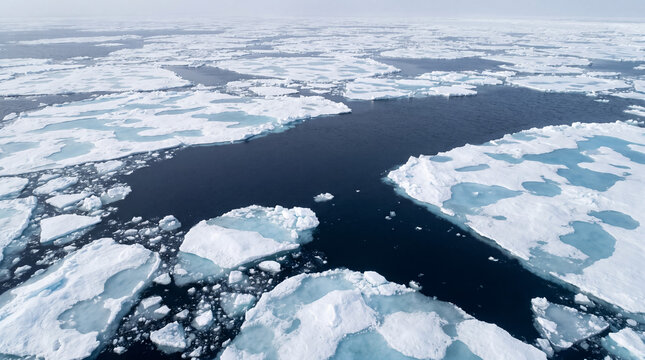 Vast expanse of sea ice and melting floes on open ocean, symbolizing climate change and global warming