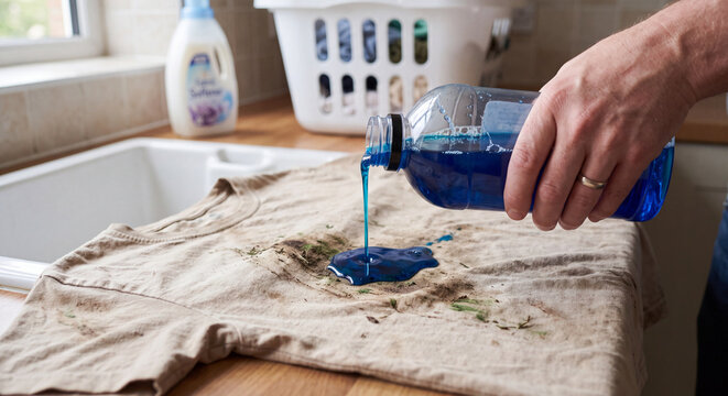 Hand Pouring Blue Liquid Detergent onto Dirty Fabric Stain for PreTreatment