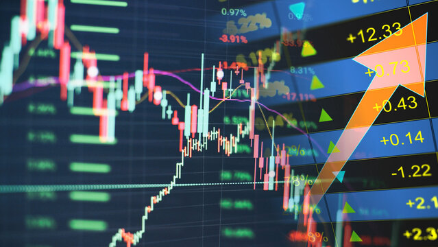 Financial market analytics growth and digital stock trading trends, algorithmic investment and electronic economy prediction. Close-up view of a computer monitor displaying a dark technical stock 