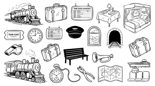 Vintage train travel journey collection featuring retro locomotive and railway station elements for historic design.