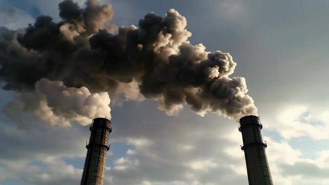 Dramatic smoke plumes billow across the sky, suggesting industry or natural event; the diffused light creates a somber, powerful mood; perfect for environmental or disaster reporting