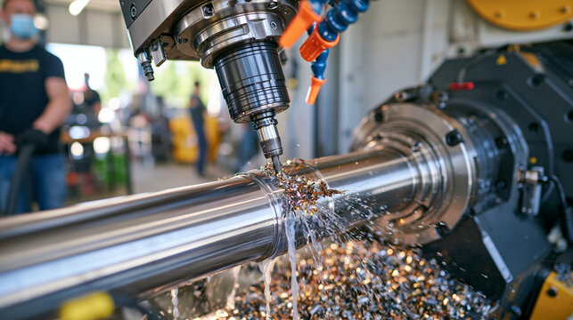 Close-up of industrial CNC equipment machining a large steel cylinder, cutting tool removing material and producing metallic chips, coolant spraying across the workpiece, highly detailed machine int