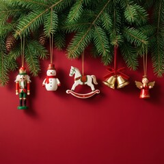 Fototapeta premium Classic Christmas Ornaments Hanging on Fir Branches with Red Background