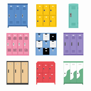 Illustration of colorful school lockers arranged in a grid showing blue, yellow, mint.