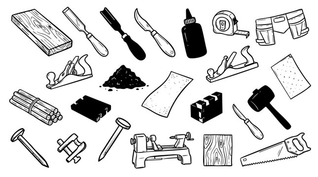 Woodworking tools and materials hand-drawn black and white vector illustration set.