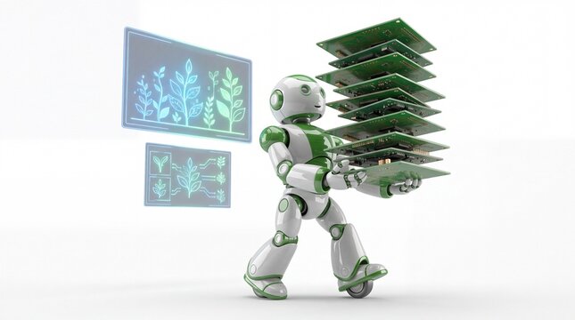 Humanoid robot carrying circuit boards for sustainable agriculture
