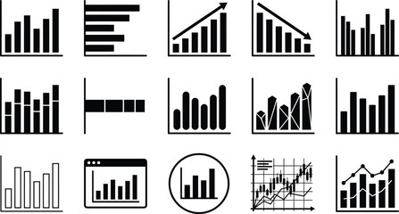 Obraz premium Statistical vector icons set. Bar graphs, line charts, and data visualization diagrams. Business analytics, financial growth, and market research symbols for infographics, presentations