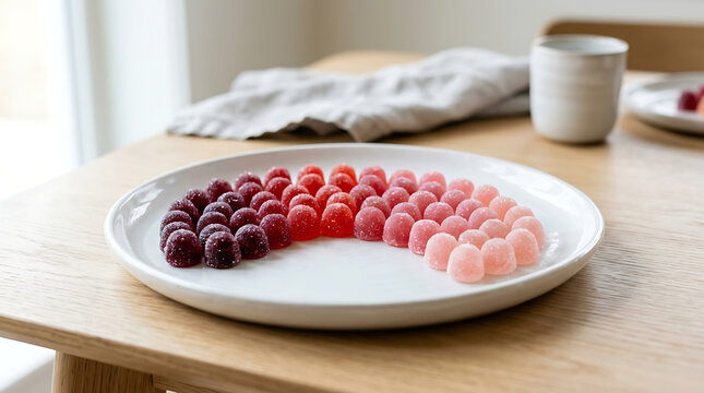 A plate filled with colorful gumdrops arranged in a delightful gradient of pink to red and purple, inviting a sweet taste.