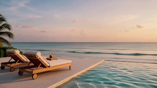 Serene infinity pool water shimmering during elegant tropical sunset