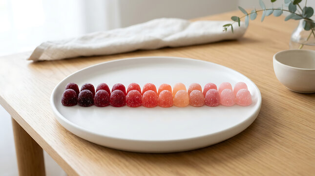 Arrangement of colorful gumdrops in a gradient on a white ceramic plate with a soft focus background