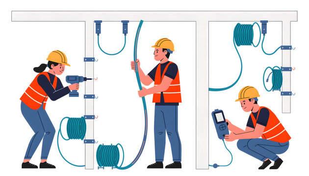Construction team of electricians installing wires and testing circuits at building site flat vector illustration
