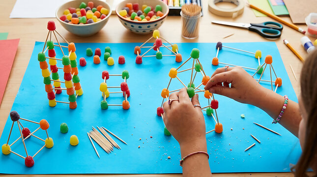 Child's hands building colorful gumdrop towers and geometric shapes with toothpicks