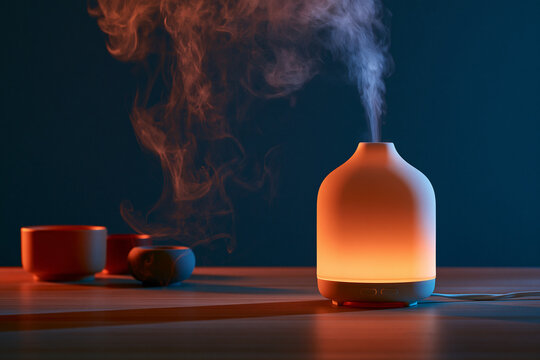 A stylish essential oil diffuser emitting fragrant mist with colorful lighting on a wooden table.