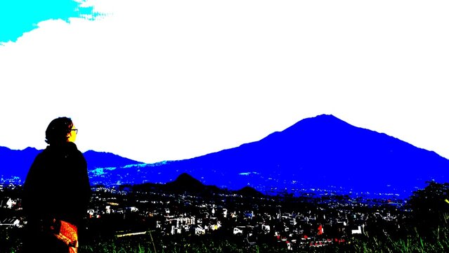 High contrast posterized illustration of a person looking at a blue mountain peak and city landscape with copy space. Ideal for travel, freedom, and adventure concepts.