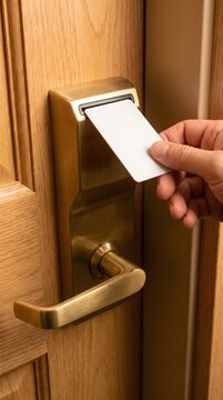 Inserting white contactless keycard into hotel door electronic lock.