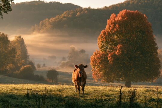 Countryside Pasture with Cow and Autumn Foliage