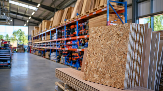 Wide-angle interior of a modern UK builders' merchant showroom, clean architectural lines, soaring high ceiling with exposed structural beams, long rows of neatly organised shelving filled with timb