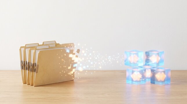 Digital data transfer from physical files to glowing cubes representing cloud storage or blockchain technology