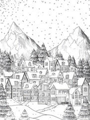 Naklejka premium Whimsical village illustration featuring tree-shaped houses and cozy cottages on snowy rolling hills, created as a black and white adult coloring page with thick lines.