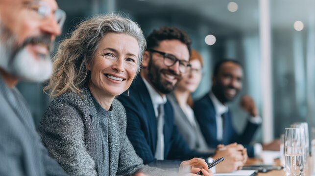 Smiling business people talking planning in conference room meeting