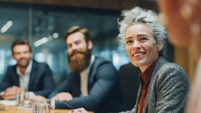 Smiling business people talking planning in conference room meeting