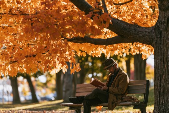 Man Sitting on Bench Reading Under Autumn Maple Tree