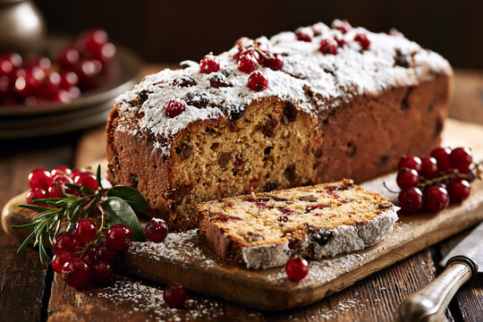 Delicious Christmas Fruitcake with Powdered Sugar and Red Currants