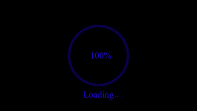 Blue loading circle progress bar displaying one hundred percent completion