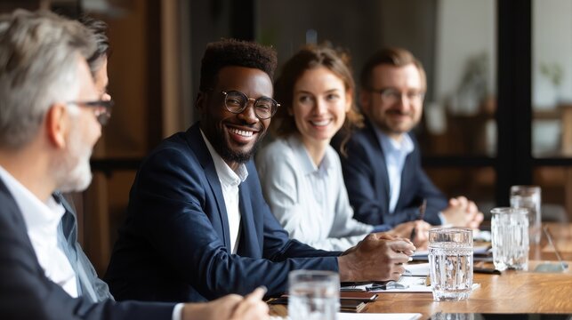 Smiling business people talking planning in conference room meeting