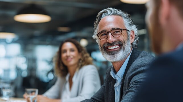 Smiling business people talking planning in conference room meeting