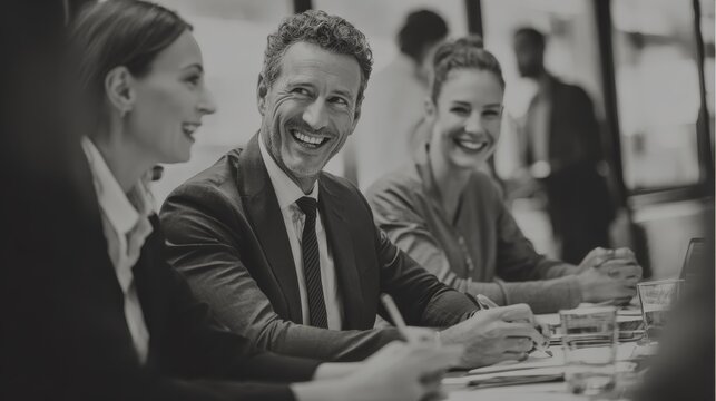 Smiling business people talking planning in conference room meeting