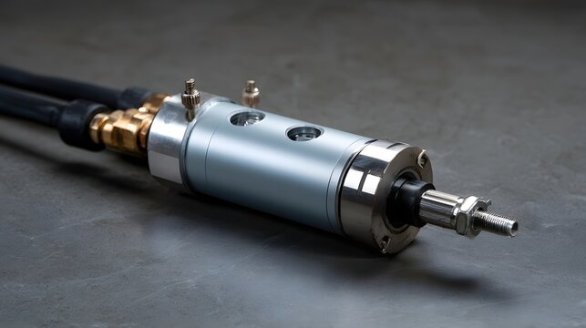 Metallic cylindrical device with threaded rod and brass fittings lies on a gray surface  showing industrial mechanical components