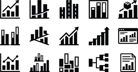 Obraz premium Statistics and finance graphic design icons. Business data analysis report diagrams. Market growth, strategy, earnings, bar graph symbols. Accounting, marketing, economic trend web illustration.
