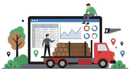 Fototapeta premium Forestry logging logistics management showing timber loading and digital data analytics chart.