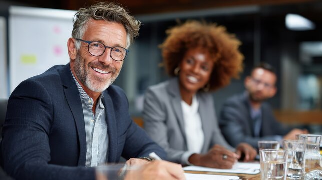 Smiling business people talking planning in conference room meeting