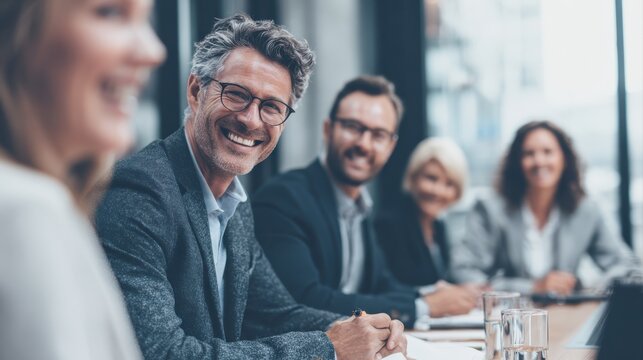 Smiling business people talking planning in conference room meeting