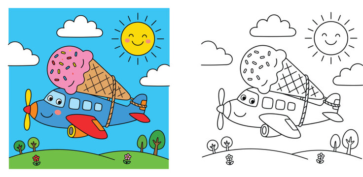 Cute cartoon airplane carrying sweet ice cream cone in sky coloring page with color guide, vector illustration for kids coloring book