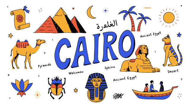 A playful hand-drawn Cairo travel doodle collage vector illustration