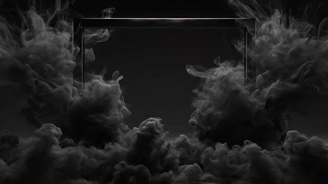 Dark, swirling clouds frame a central, luminous, metallic square