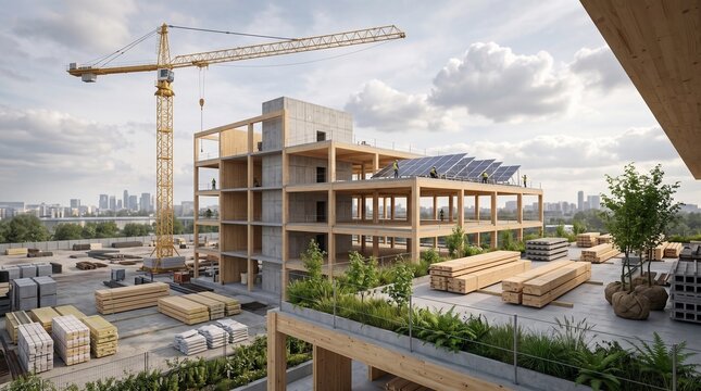 Modern mass timber building under construction with crane, solar panels, and green roof. CLT wooden structure, eco friendly architecture, renewable energy and urban development.