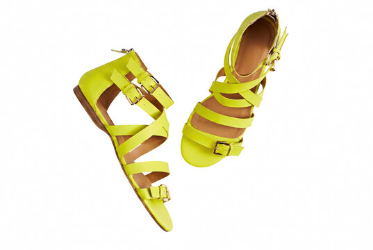 Vibrant Neon Yellow Strappy Flat Gladiator Sandals with Gold Buckles