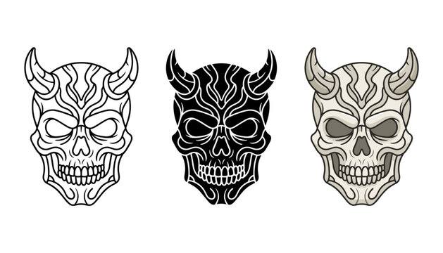 Three stylized skull masks with devil horns in black and white illustration