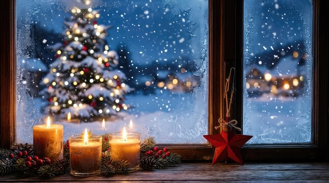 Three burning candles on a wooden table with a decorated christmas tree seen through a window