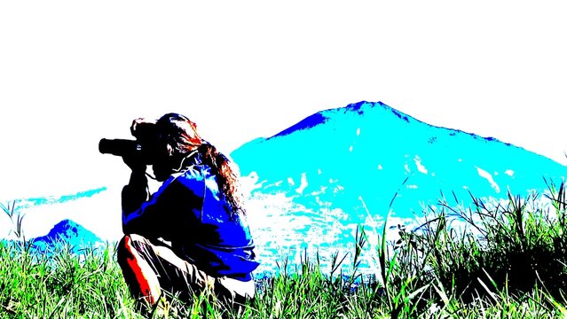 Posterized graphic art illustration of a photographer taking photos with a DSLR camera on a grassy hill with a blue mountain peak background. Ideal for travel and photography concepts.