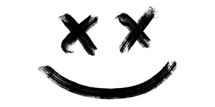 Hand drawn black brush smiley face with X eyes