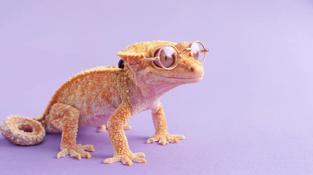 Funny crested gecko wearing round sunglasses on purple background. Cool pet lizard with eyeglasses looking at camera in studio. Humorous exotic reptile with copy space