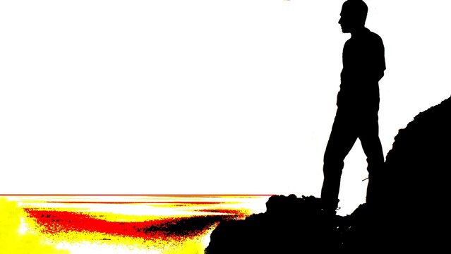 High contrast silhouette illustration of a man standing on a cliff looking into the distance with copy space. Ideal for freedom, vision, success, and leadership concepts.