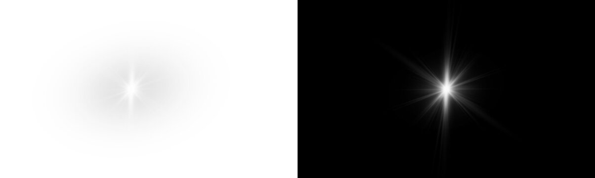 Isolated sparkle accent shows narrow radiant spikes around tiny glowing center. Simple black and white form suits graphic layouts, giving clean decorative shine for labels, icons, and seasonal art.